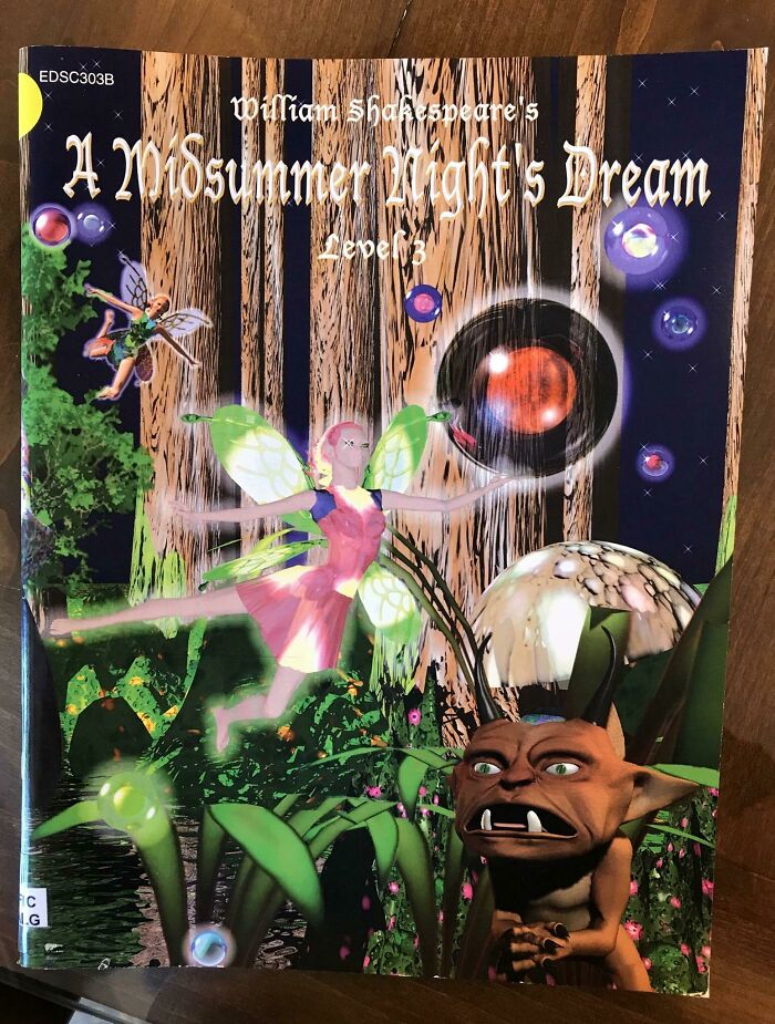 Cover of a poorly designed book, "A Midsummer Night's Dream" with a digital fairy and creature in a forest scene.