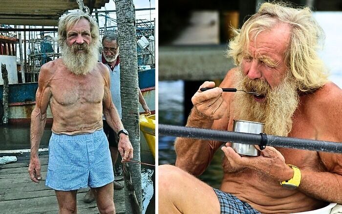 Elderly man with a beard in blue shorts, seen eating from a metal cup; represents interesting and bizarre global events.