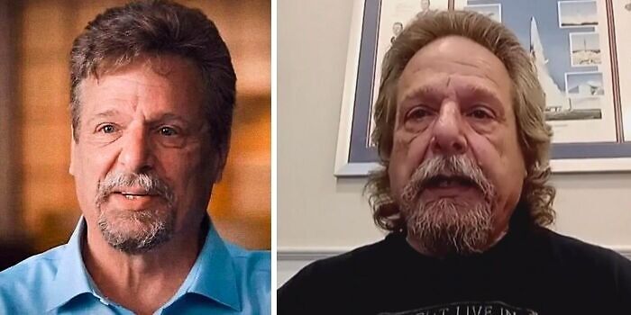 Two men in separate video frames, one in a blue shirt and the other with long hair and a beard, discussing strange Earth phenomena.