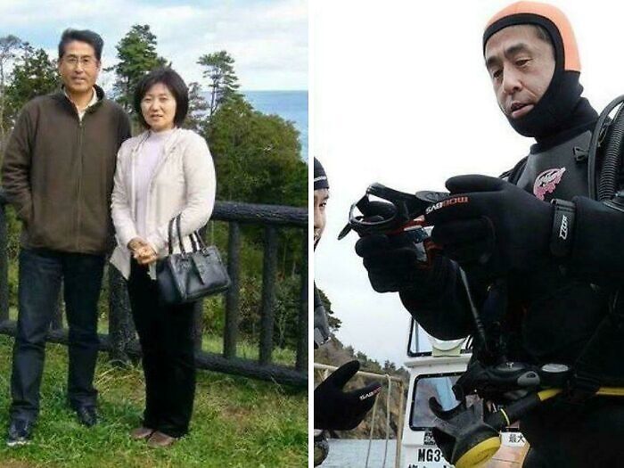 Couple posing outdoors near trees, alongside a diver in full gear preparing for a dive, illustrating strange Earth moments.