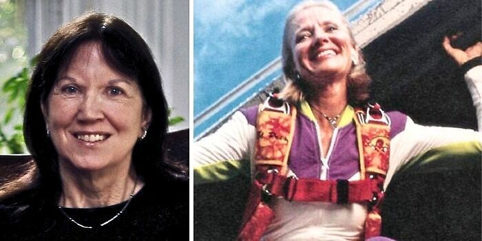 Portrait of a smiling woman and a joyful skydiver with harness, illustrating strange earth happenings and unbelievable moments.