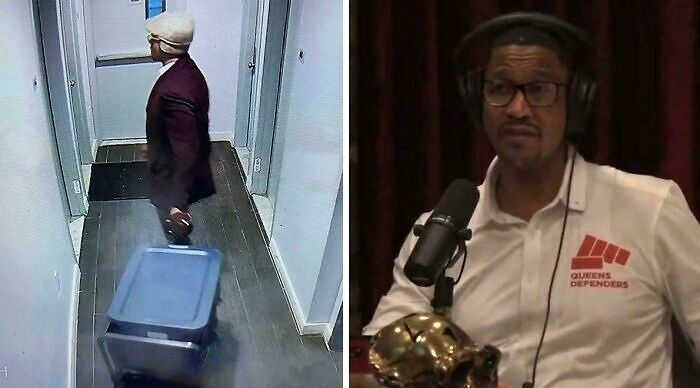 Man in a hallway pulling a large blue bin and a man speaking into a microphone wearing headphones, strange earth concept.