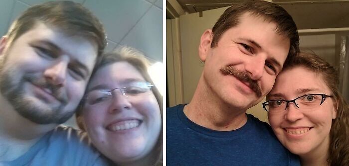 Smiling couple in a weight-loss transformation, before and after photos.