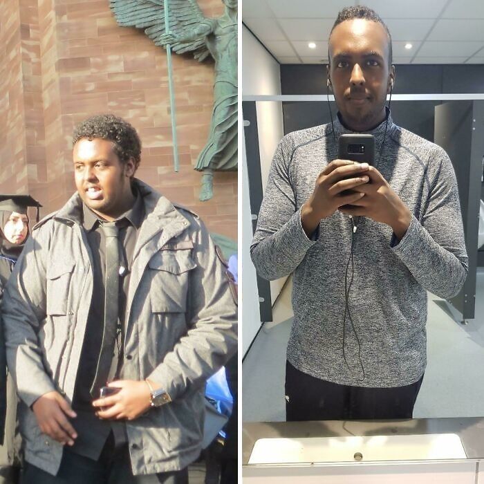 Weight-loss transformation showing a before and after photo, with a noticeable change in appearance and size.