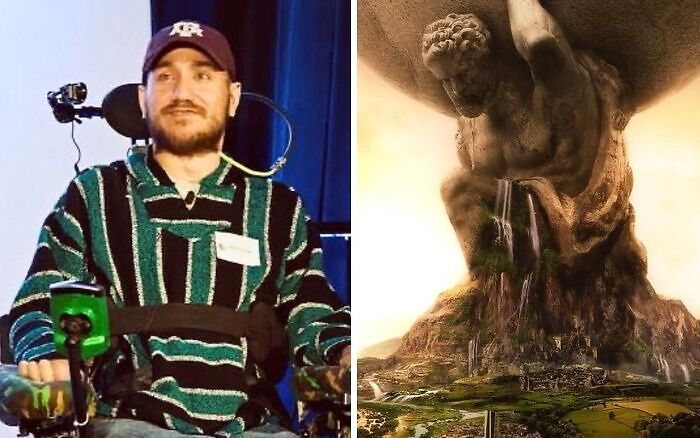 Man in a striped sweater next to a large statue resembling a mythological figure holding a sphere, symbolizing intriguing events.