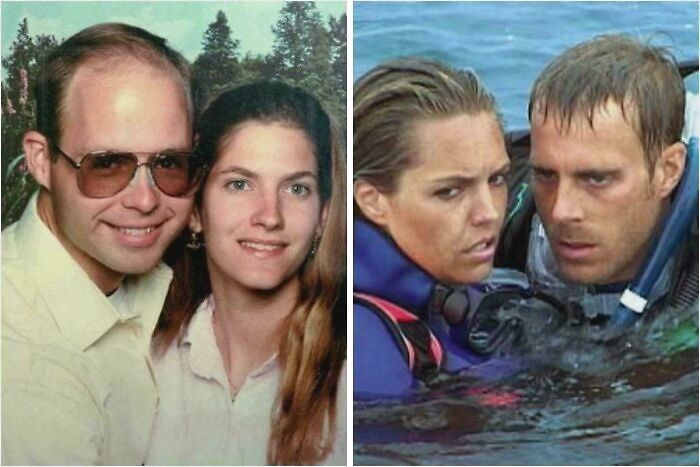 Side-by-side photos showing strange earth moments with a smiling couple and two people in scuba gear underwater.