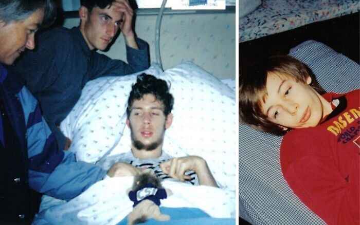 Young man in a hospital bed with two visitors and a close-up of a boy lying down, reflecting strange Earth happenings.