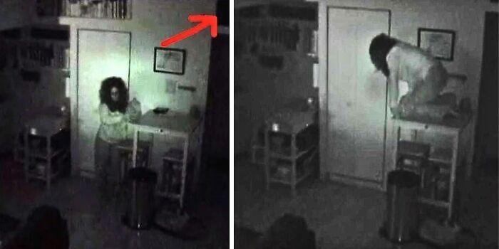 Night vision footage showing a strange paranormal event with a ghostly figure hovering in a dimly lit room.