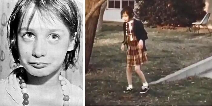 Black and white close-up of a young girl with beads and color photo of the same girl outside near a tree, strange earth phenomenon.