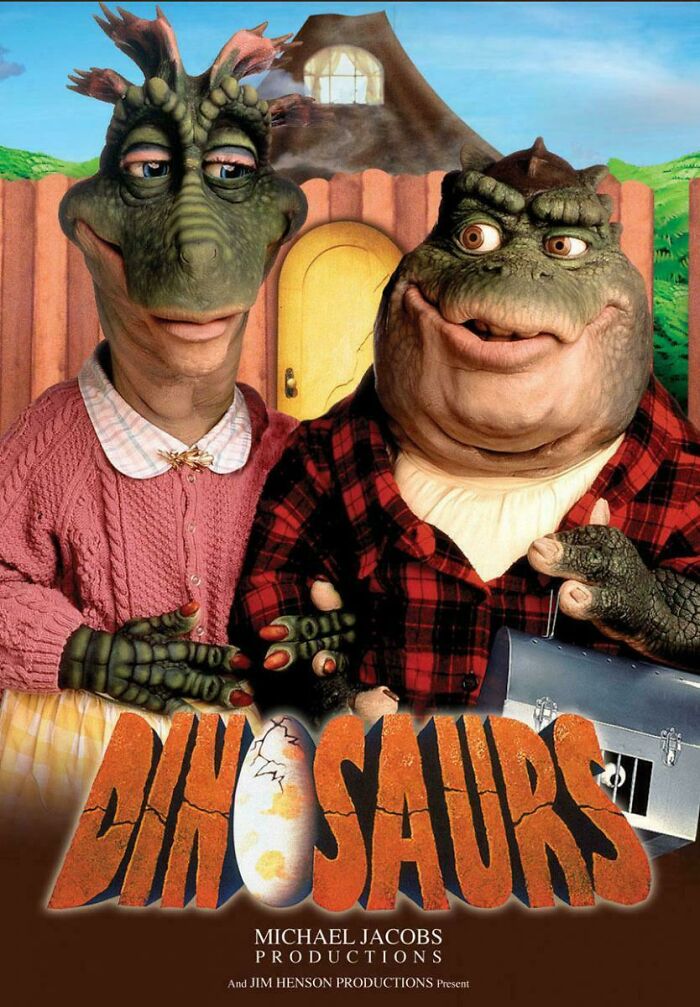 Two dinosaur characters in a retro sitcom poster titled "Dinosaurs," evoking nostalgia.