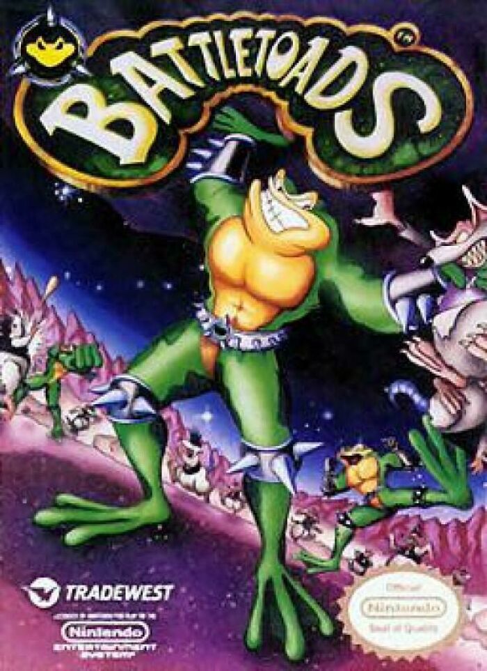 '90s video game cover featuring a muscular, anthropomorphic toad from Battletoads fighting in a space-themed setting.