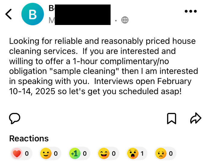 Screenshot of a wild post on a neighbor app requesting reliable and affordable house cleaning services with sample cleaning offer.