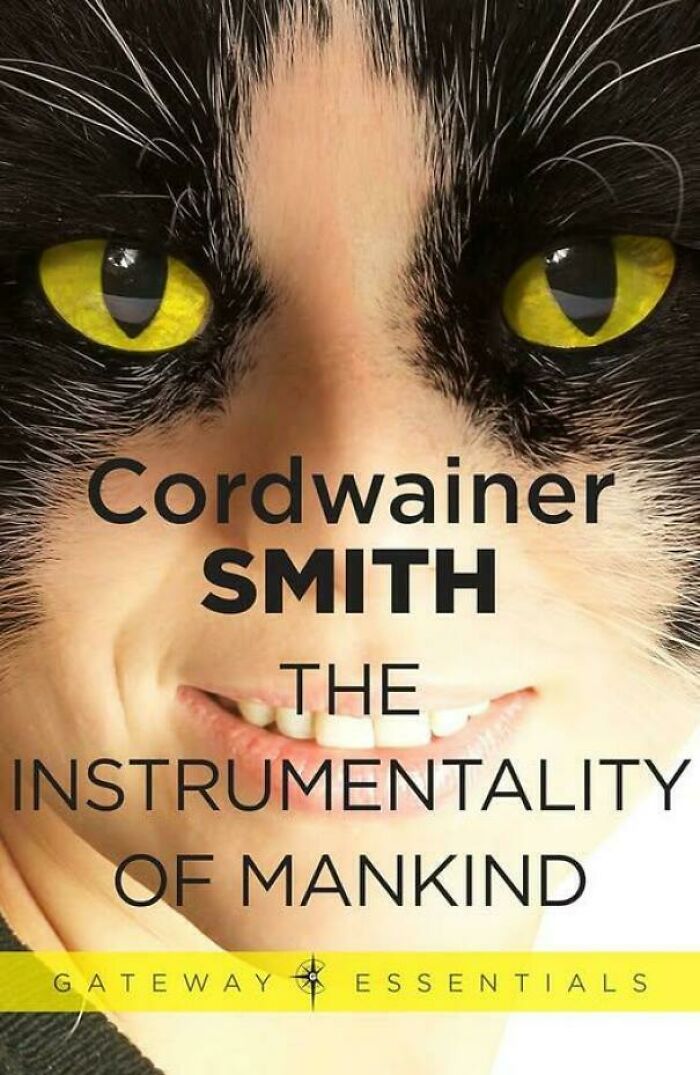 Terrible book cover featuring a face merging with a cat's eyes, titled "The Instrumentality of Mankind."