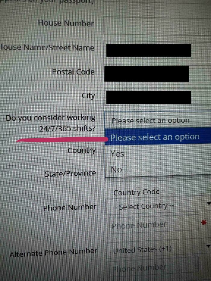 Job application form asking about working 24/7/365 shifts, highlighting recruiting challenges.