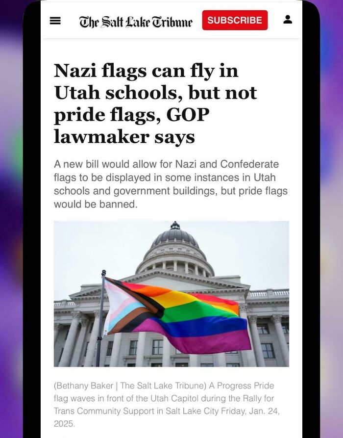 Image of a headline on a digital device discussing controversial flag policies in Utah schools.