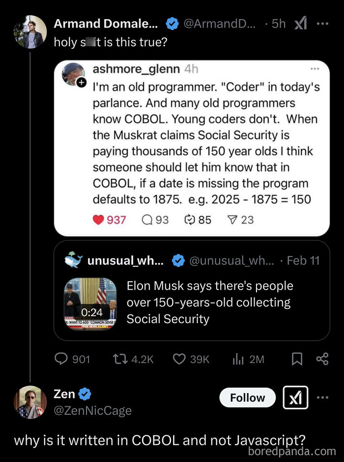 Meme for programmers discussing COBOL and Social Security age claims on Twitter.