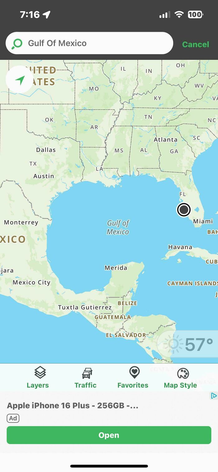 Map of Gulf of Mexico region on a smartphone screen with navigation and consumerism-related app interface elements visible.