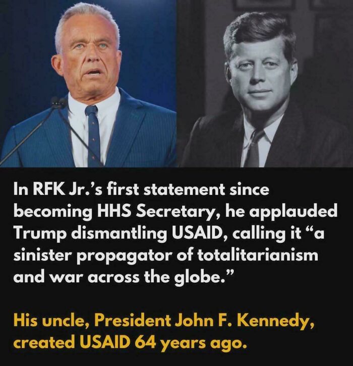 Two men with text about USAID's creation and dismantling; a facepalm moment highlighting historical irony.