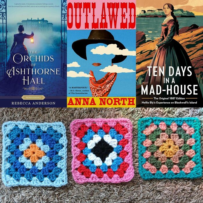 Three colorful crochet squares displayed on carpet below three book covers about history and mystery themes.