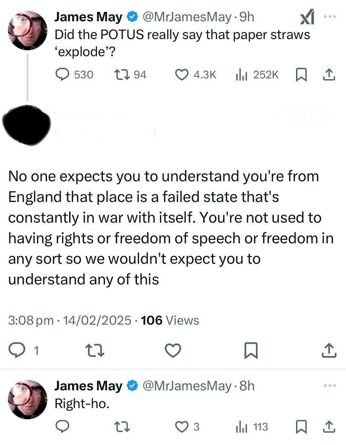 Twitter exchange showing Americans confidently posting dumb comments about England and freedom of speech.