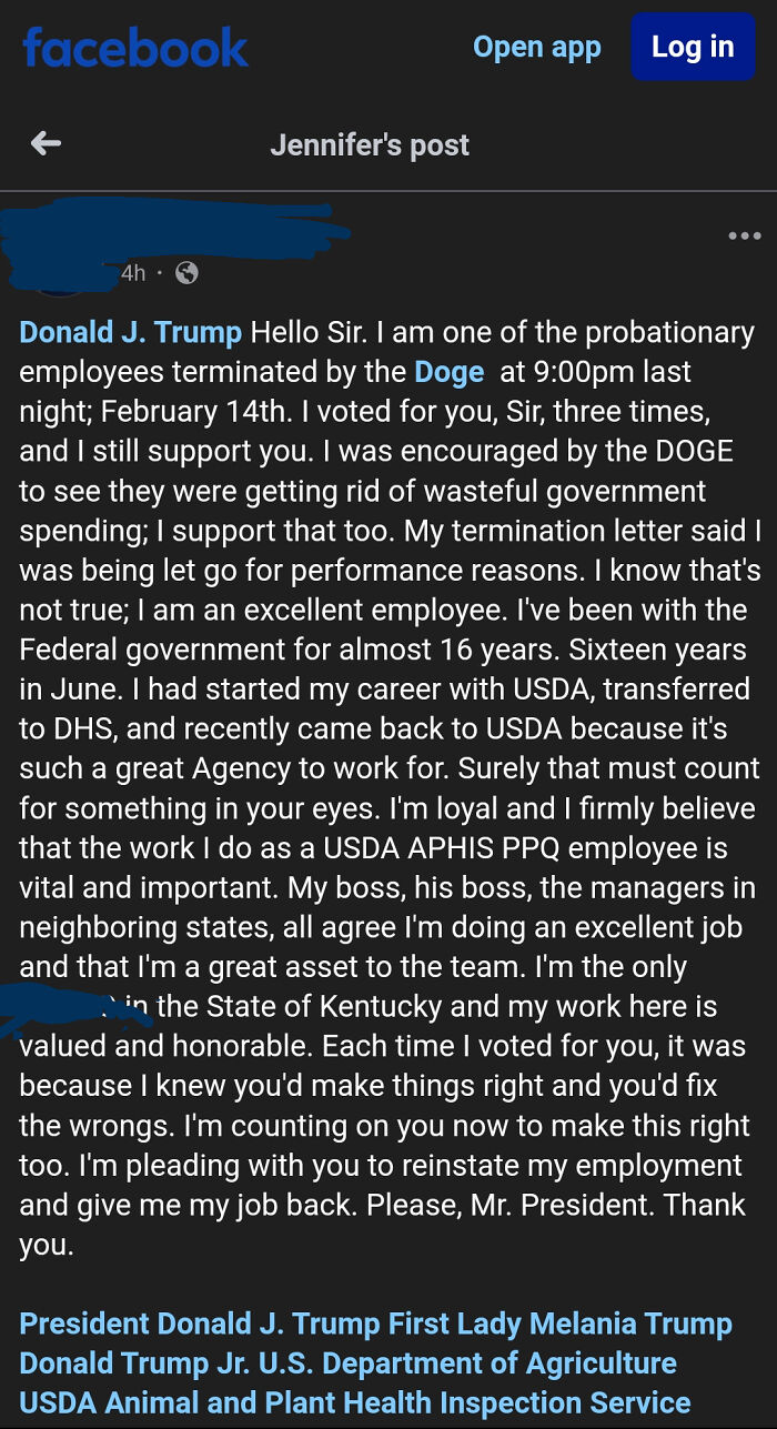 Facebook post of a letter to Donald Trump discussing termination and government job issues; example of facepalm moment.