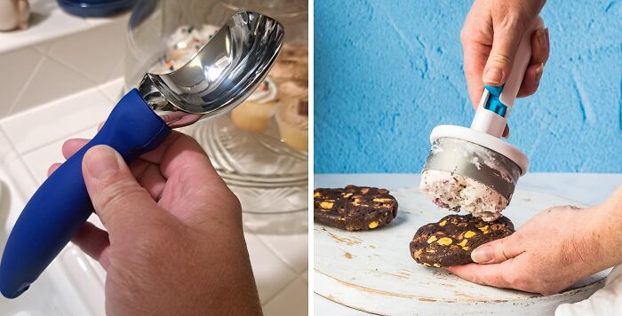 New school vs. old school ice cream scoops, showcasing ergonomic and traditional designs in practical use.