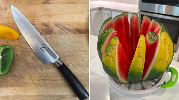 Old school knife and new school watermelon slicer on kitchen counter.