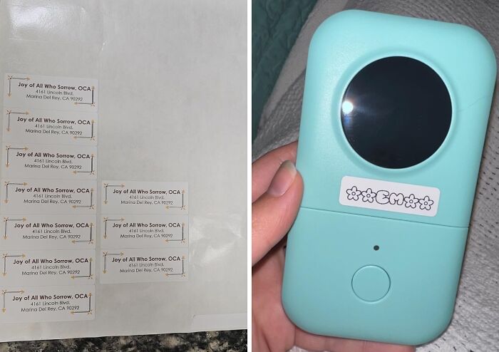 Old School vs. New School: label sheet and teal device with label, hand-held.