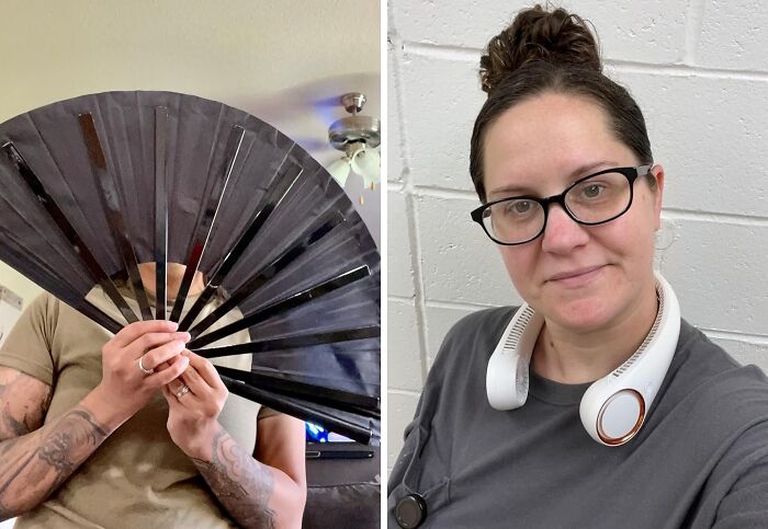 Person holding a large fan next to another with glasses and a neck fan, illustrating new school vs. old school styles.