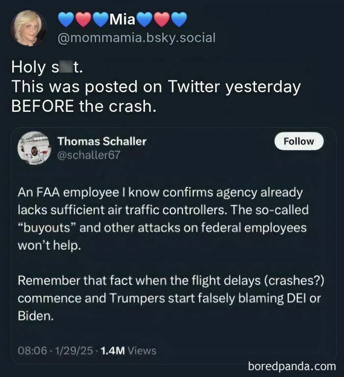 Tweet predicting insufficient air traffic controllers before an incident, fitting the “Aged Like Wine” predictions theme.