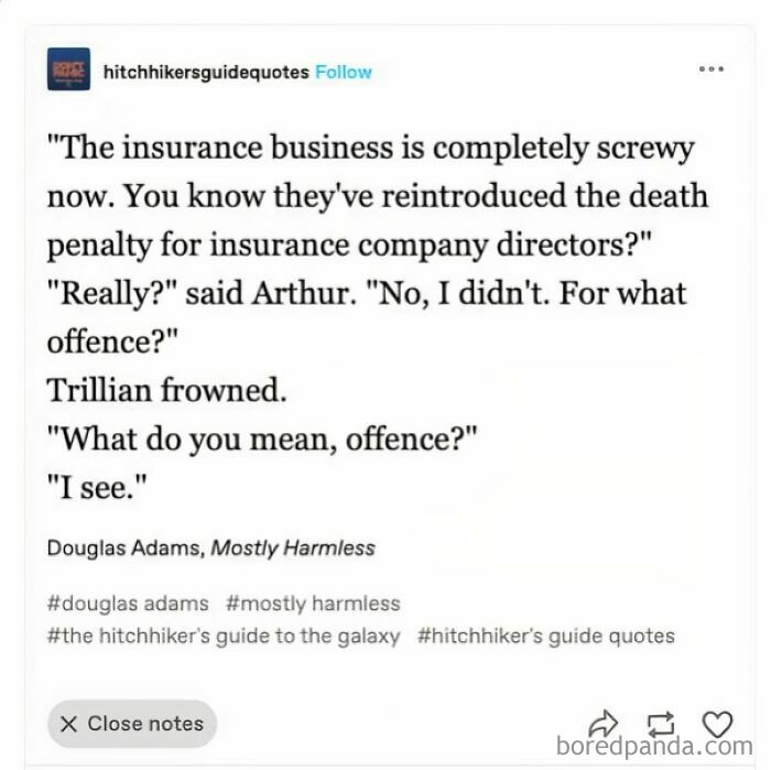 Text from Douglas Adams' book "Mostly Harmless" with witty predictions aged like wine.