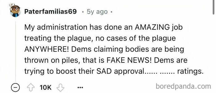 Social media post joking about administration with ironic commentary, showcasing predictions that aged like wine.