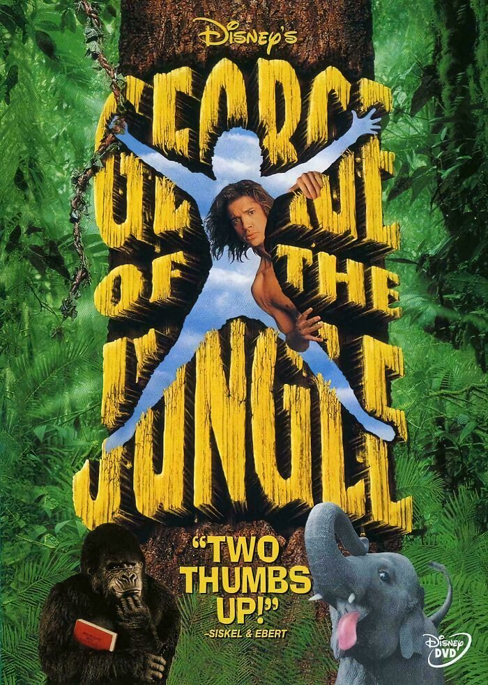 90s movie poster featuring George of the Jungle in a comedic jungle setting with animals.