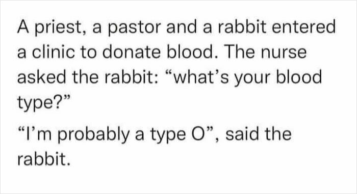 Text-based dad humor featuring a rabbit joke about blood type O.