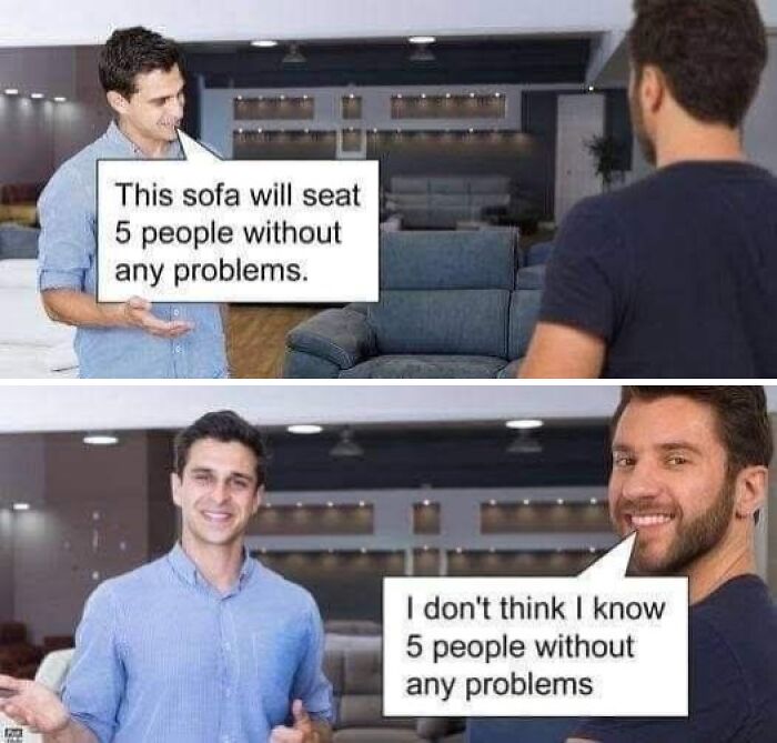 Two men humorously discuss a sofa's seating capacity for dad humor.