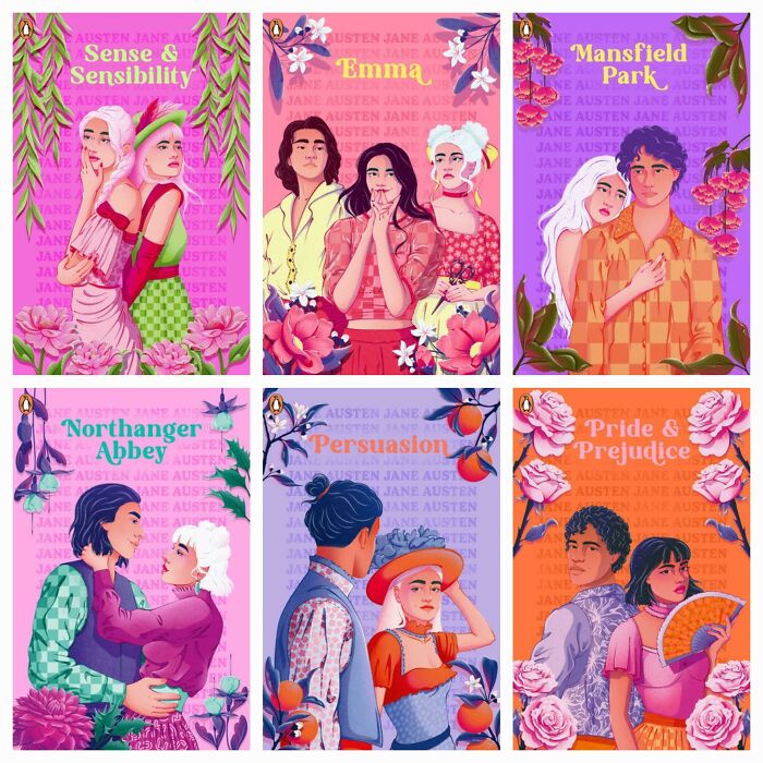 Colorful illustrations of classic book covers with characters and floral designs.