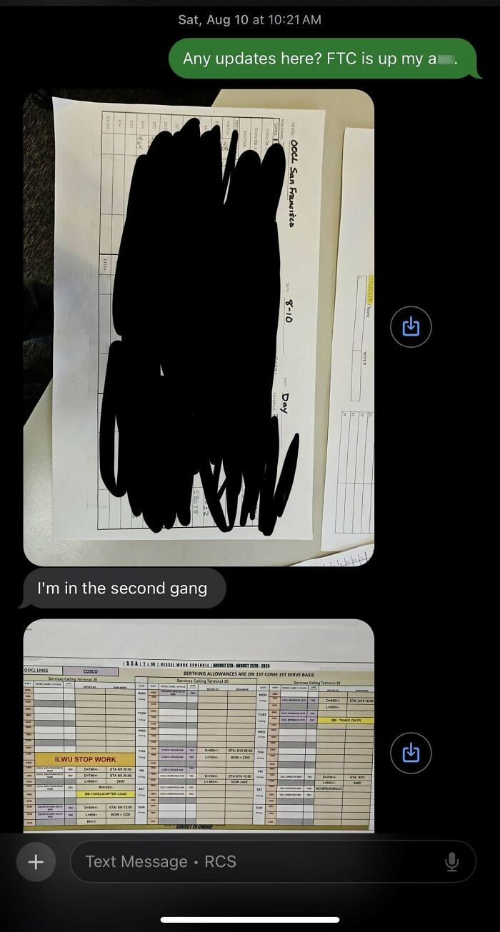 "Unhinged wrong number texts about logistics schedules and confusion, featuring a schedule sheet and a humorous reply."