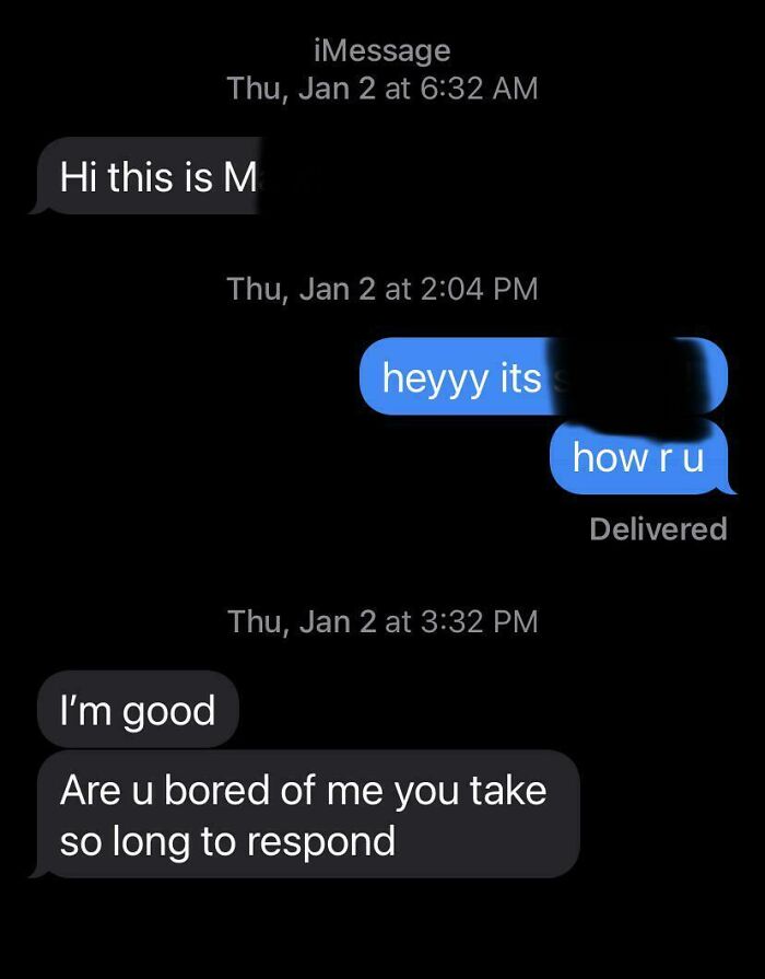 Text message exchange showing delayed responses, highlighting differing expectations in conversation.