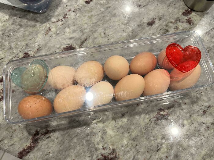 Clear container holding a dozen eggs with two heart-shaped ice packs on a marble countertop, moderately interesting sight.
