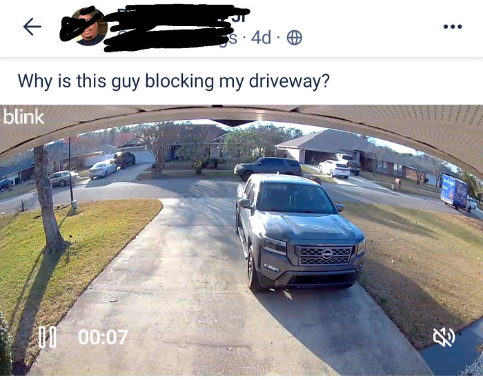 Screenshot of a social media post showing a car blocking a driveway, featured in wildest neighbor posts app.
