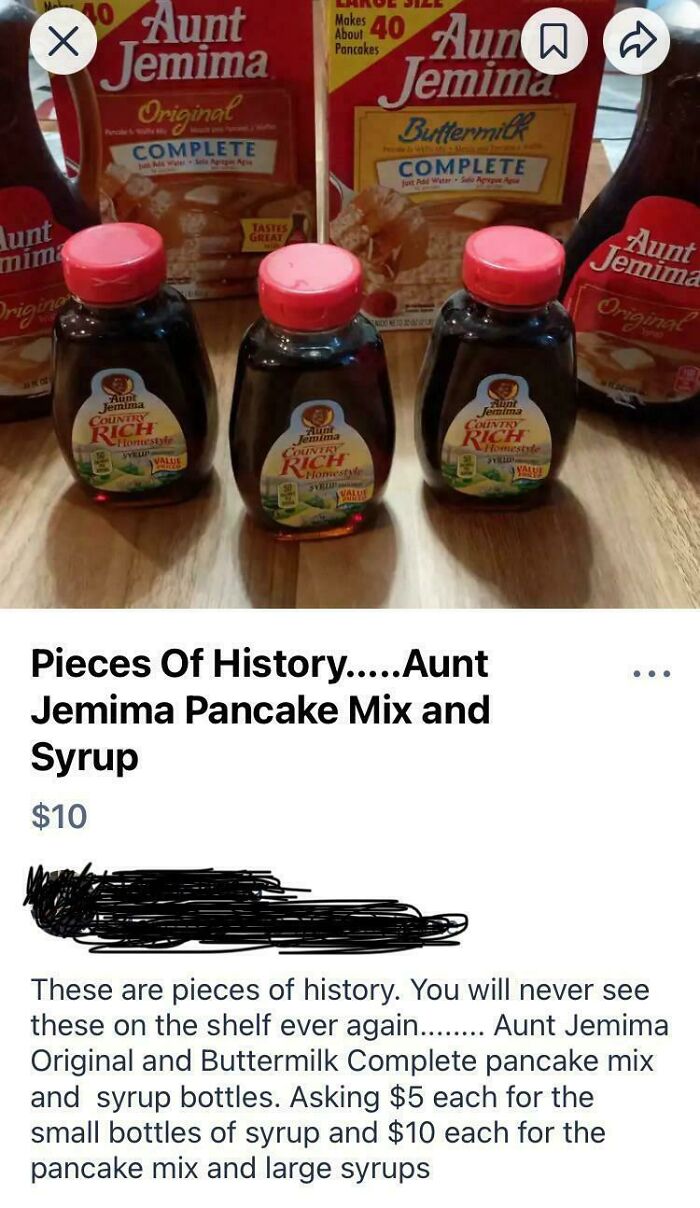 Screenshot of a neighbors app post selling vintage Aunt Jemima pancake mix and syrup as collector pieces.