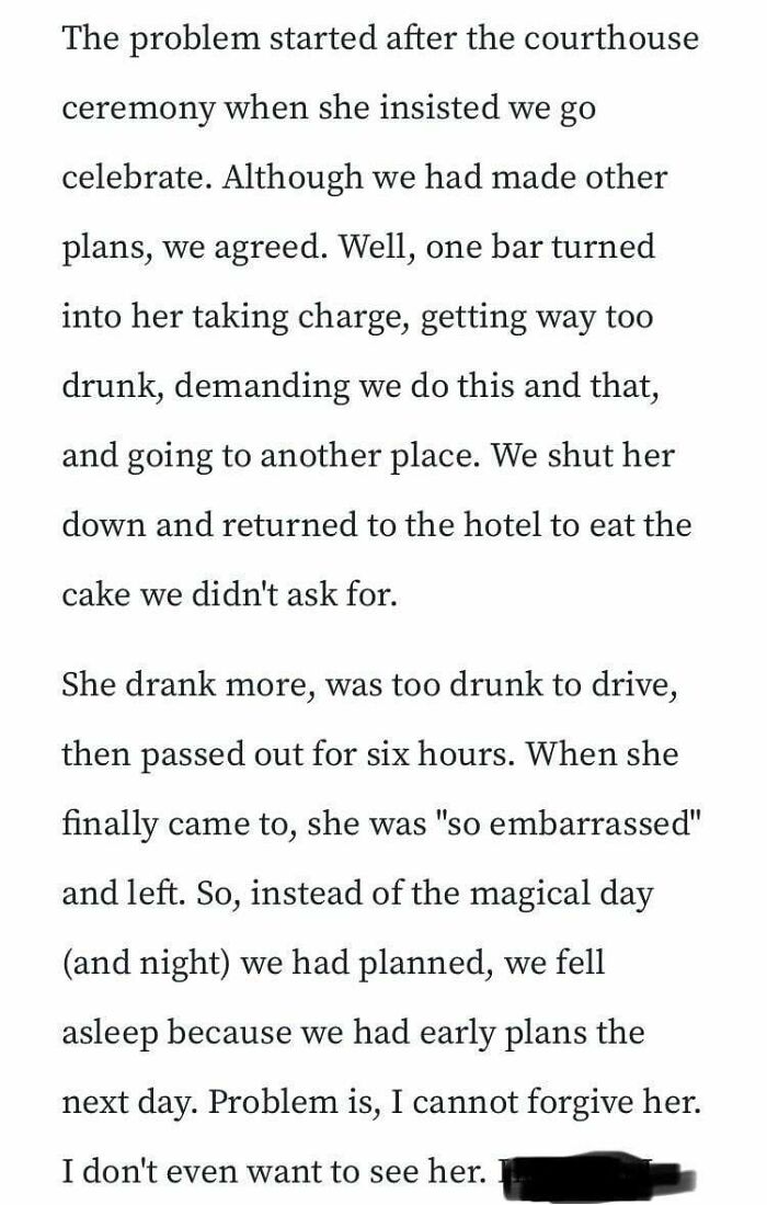 Text recounting a disastrous wedding night with excessive drinking and missed plans.