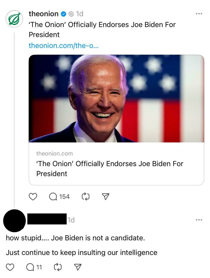 Satirical news from The Onion endorses Joe Biden, user falls for headline, reacts critically in comments.