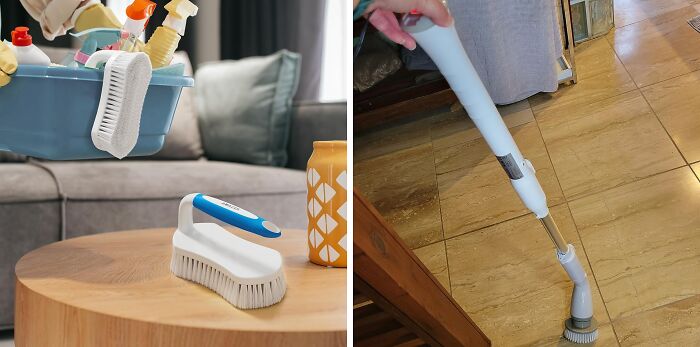 Old school cleaning brushes and new school electric scrubber on tile floor.