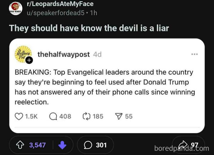 Satirical post about evangelical leaders feeling ignored by Trump, with social media engagement stats at the bottom.