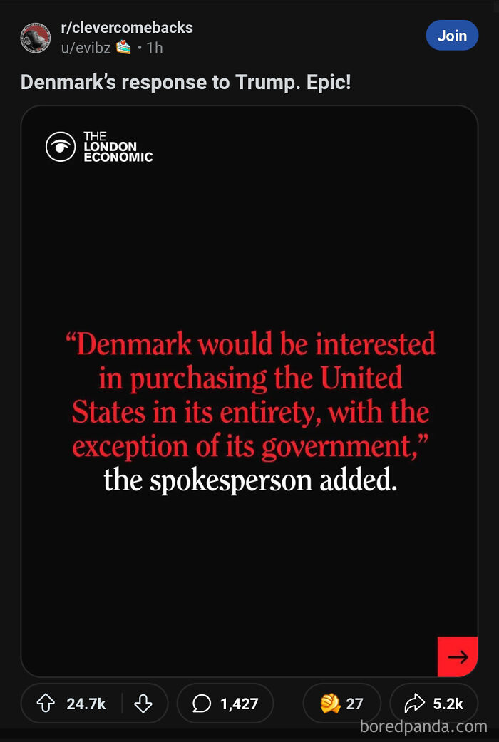Satirical news headline about Denmark jokingly wanting to purchase the U.S., excluding its government.