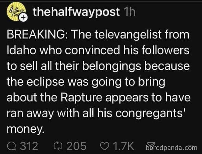 Satirical news headline about a televangelist from Idaho convincing followers to sell belongings for the Rapture.