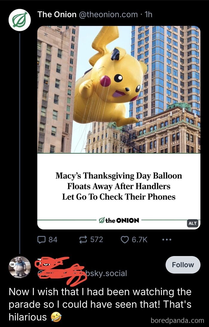 The Onion satirical headline about a Thanksgiving Day balloon floating away causes laughter.