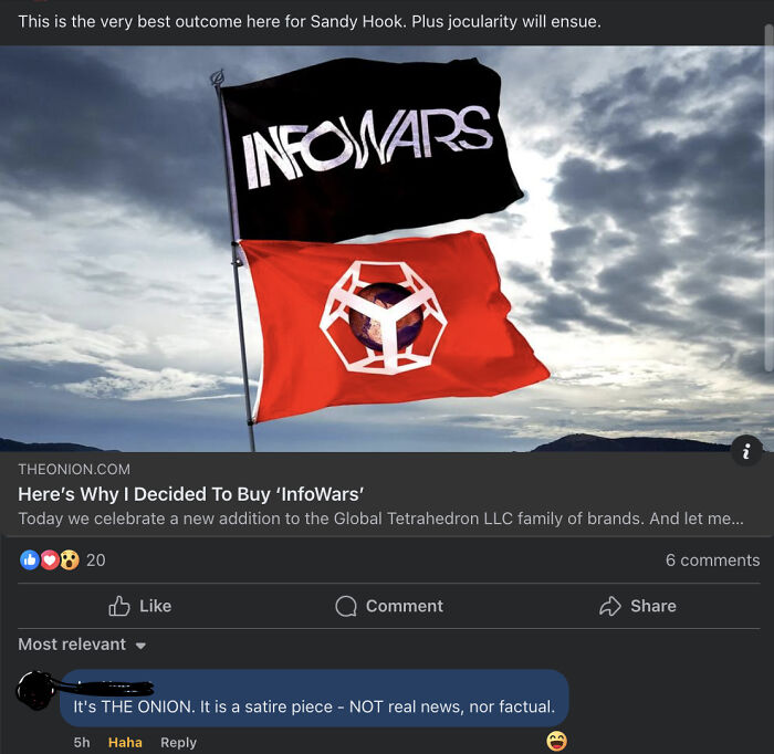 Satirical news headline about buying 'InfoWars' from The Onion with a Facebook comment pointing out the satire.