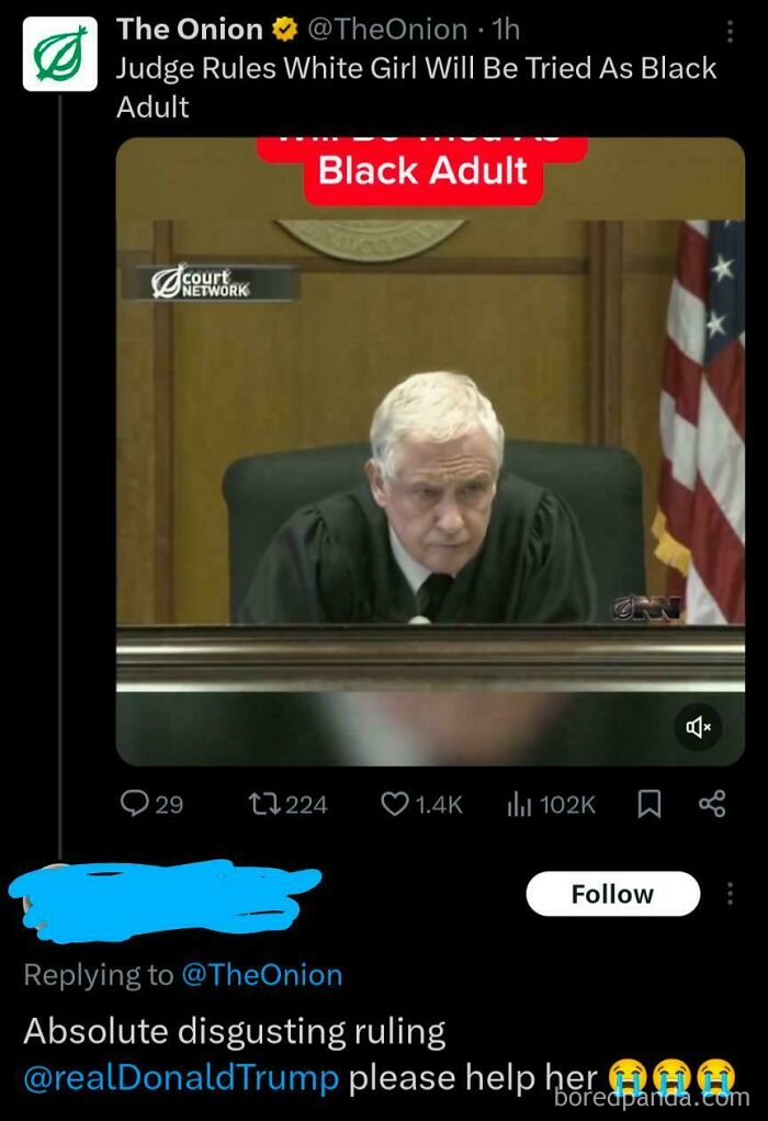 Judge depicted in satirical headline from The Onion about a court ruling, eliciting reaction on social media.